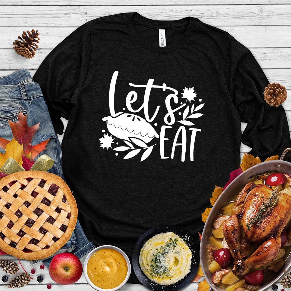 Let's Eat Pie Long Sleeves Black - Graphic long sleeve shirt with playful 'Let's Eat Pie' message and autumn leaves design, perfect for food lovers.