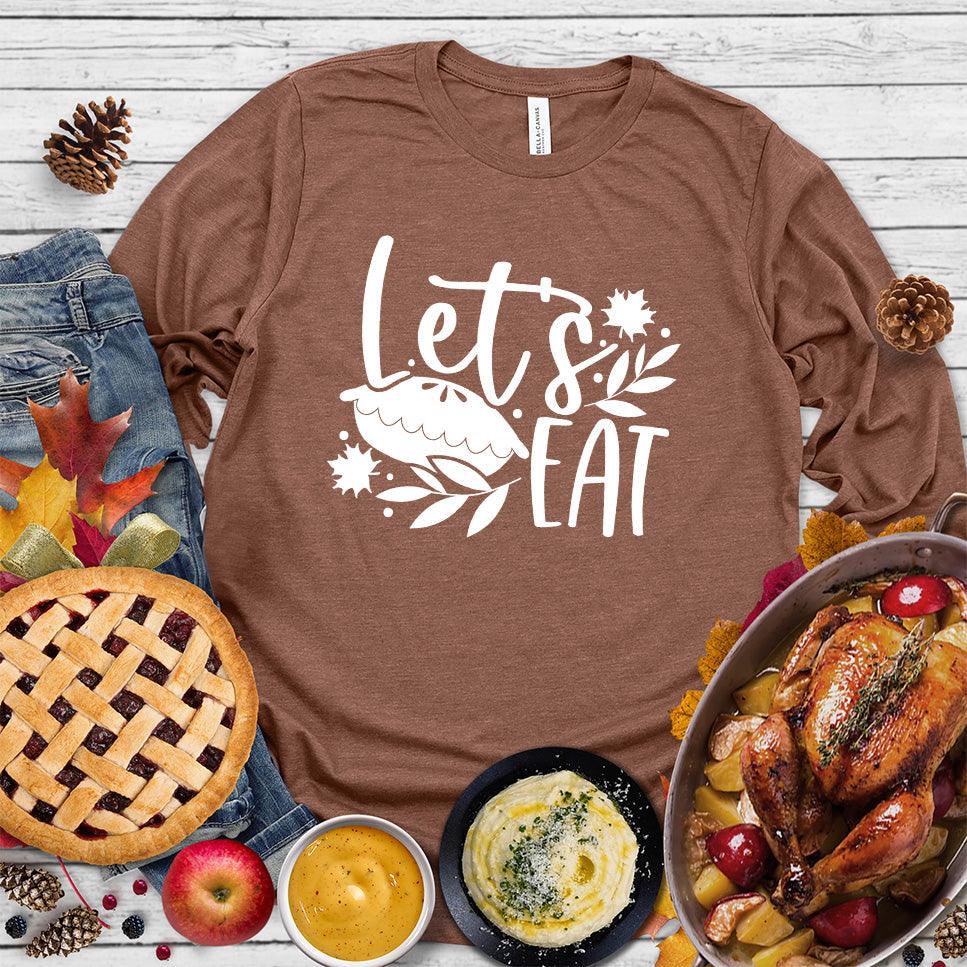 Let's Eat Pie Long Sleeves Chestnut - Graphic long sleeve shirt with playful 'Let's Eat Pie' message and autumn leaves design, perfect for food lovers.