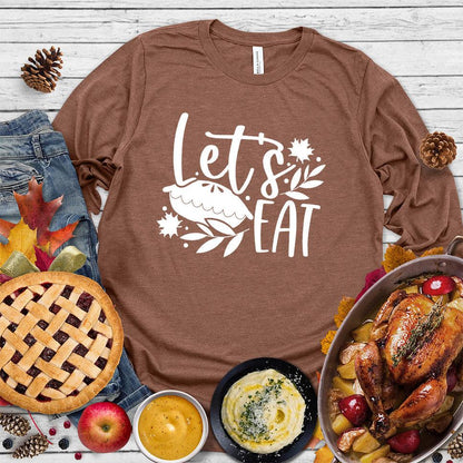 Let's Eat Pie Long Sleeves Chestnut - Graphic long sleeve shirt with playful 'Let's Eat Pie' message and autumn leaves design, perfect for food lovers.