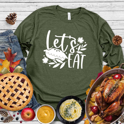 Let's Eat Pie Long Sleeves Military Green - Graphic long sleeve shirt with playful 'Let's Eat Pie' message and autumn leaves design, perfect for food lovers.