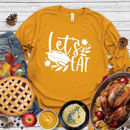 Let's Eat Pie Long Sleeves Mustard - Graphic long sleeve shirt with playful 'Let's Eat Pie' message and autumn leaves design, perfect for food lovers.