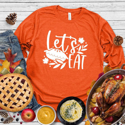 Let's Eat Pie Long Sleeves Orange - Graphic long sleeve shirt with playful 'Let's Eat Pie' message and autumn leaves design, perfect for food lovers.