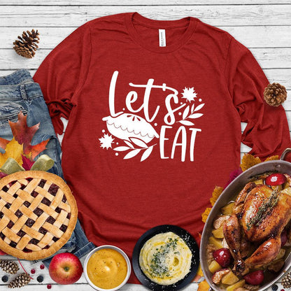 Let's Eat Pie Long Sleeves Red - Graphic long sleeve shirt with playful 'Let's Eat Pie' message and autumn leaves design, perfect for food lovers.