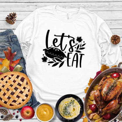 Let's Eat Pie Long Sleeves White - Graphic long sleeve shirt with playful 'Let's Eat Pie' message and autumn leaves design, perfect for food lovers.