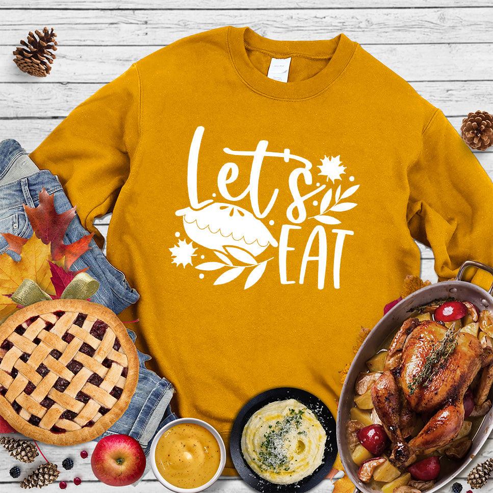 Let's Eat Pie Sweatshirt Heather Mustard - Comfy sweatshirt with 'Let's Eat' and pie graphics, perfect for foodie fashionistas