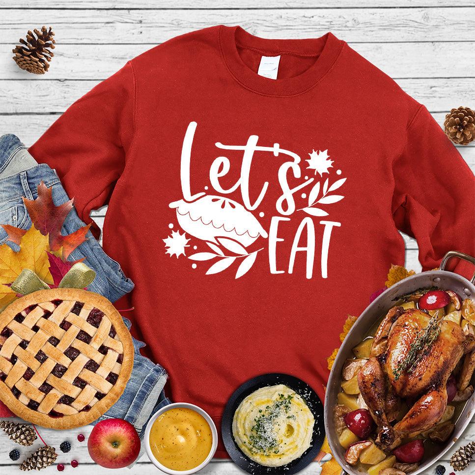 Let's Eat Pie Sweatshirt Red - Comfy sweatshirt with 'Let's Eat' and pie graphics, perfect for foodie fashionistas