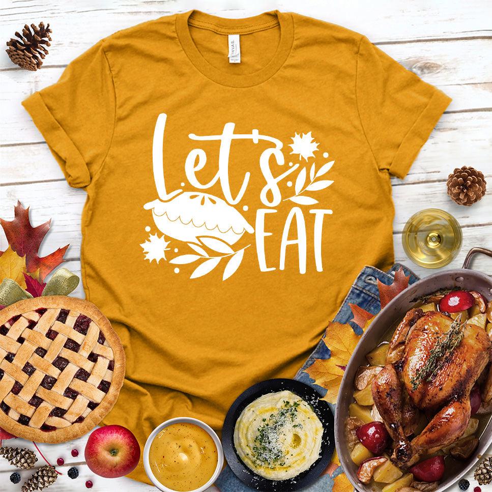 Let's Eat Pie T-Shirt Heather Mustard - Graphic tee with playful 'Let's Eat' and pie design, perfect for dessert enthusiasts