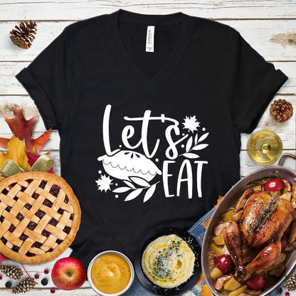 Let's Eat Pie V-Neck Black - Graphic tee with 'Let's Eat' and pie design, perfect for food and fun lovers.