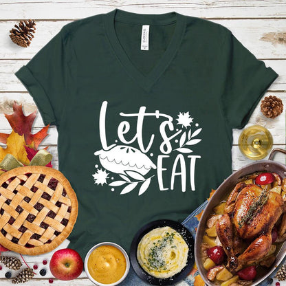 Let's Eat Pie V-Neck Forest - Graphic tee with 'Let's Eat' and pie design, perfect for food and fun lovers.