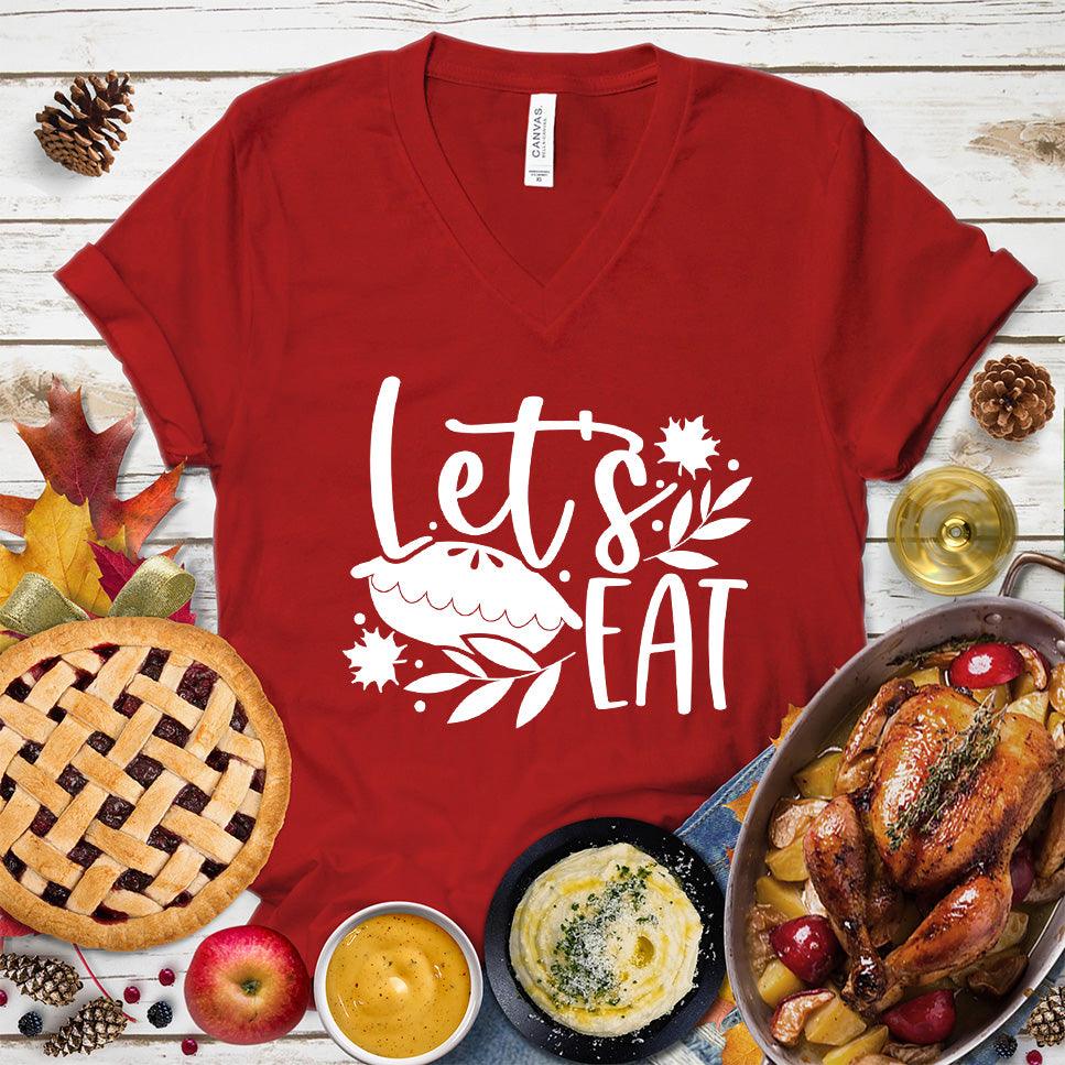 Let's Eat Pie V-Neck Red - Graphic tee with 'Let's Eat' and pie design, perfect for food and fun lovers.