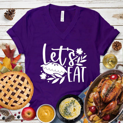 Let's Eat Pie V-Neck Team Purple - Graphic tee with 'Let's Eat' and pie design, perfect for food and fun lovers.