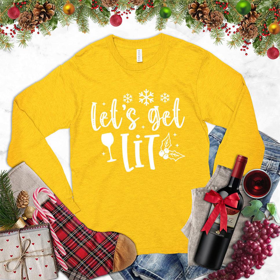 Let's Get Lit Long Sleeves Gold - Illustrative text and festive icon design on a fun long sleeve party shirt