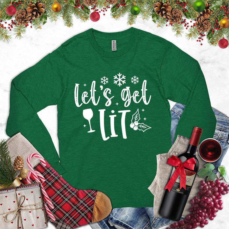 Let's Get Lit Long Sleeves Kelly - Illustrative text and festive icon design on a fun long sleeve party shirt