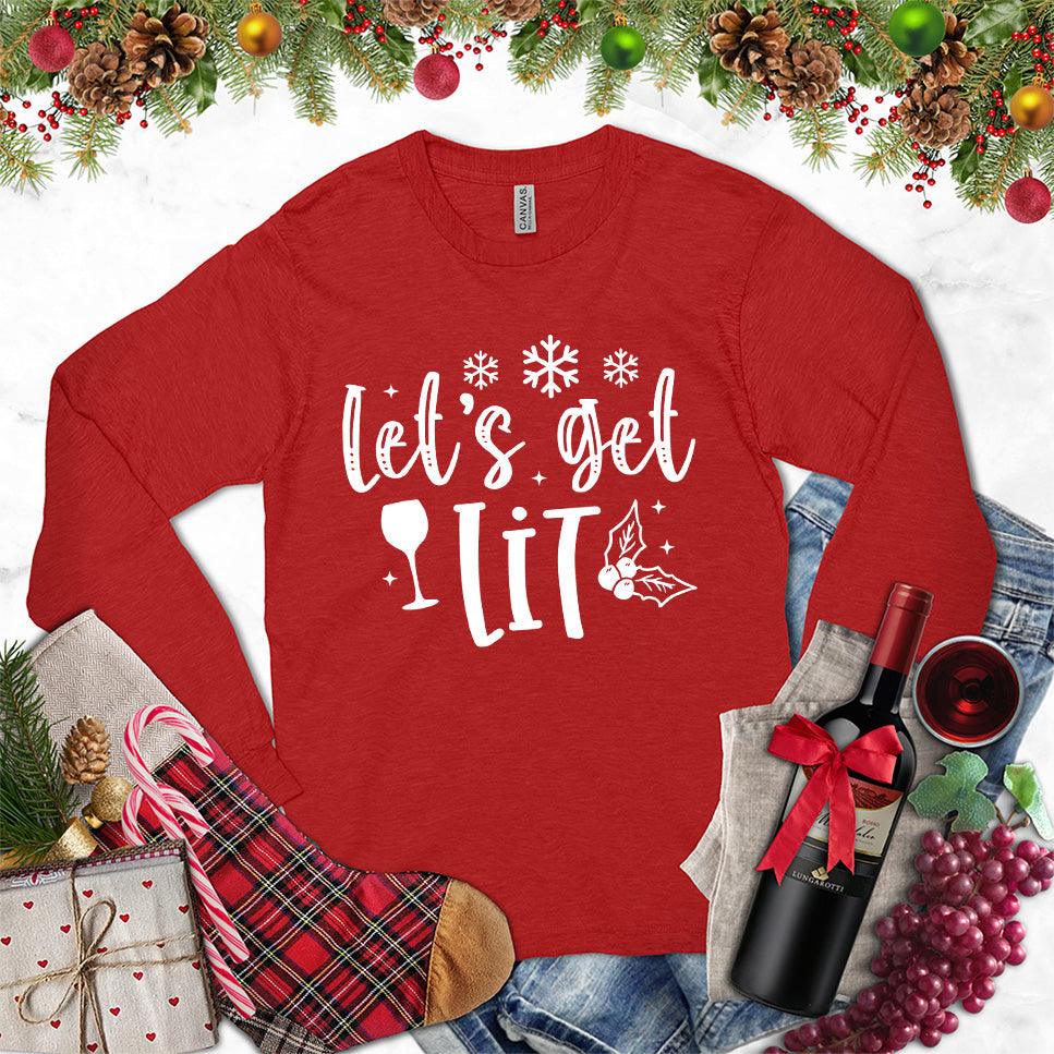 Let's Get Lit Long Sleeves Red - Illustrative text and festive icon design on a fun long sleeve party shirt