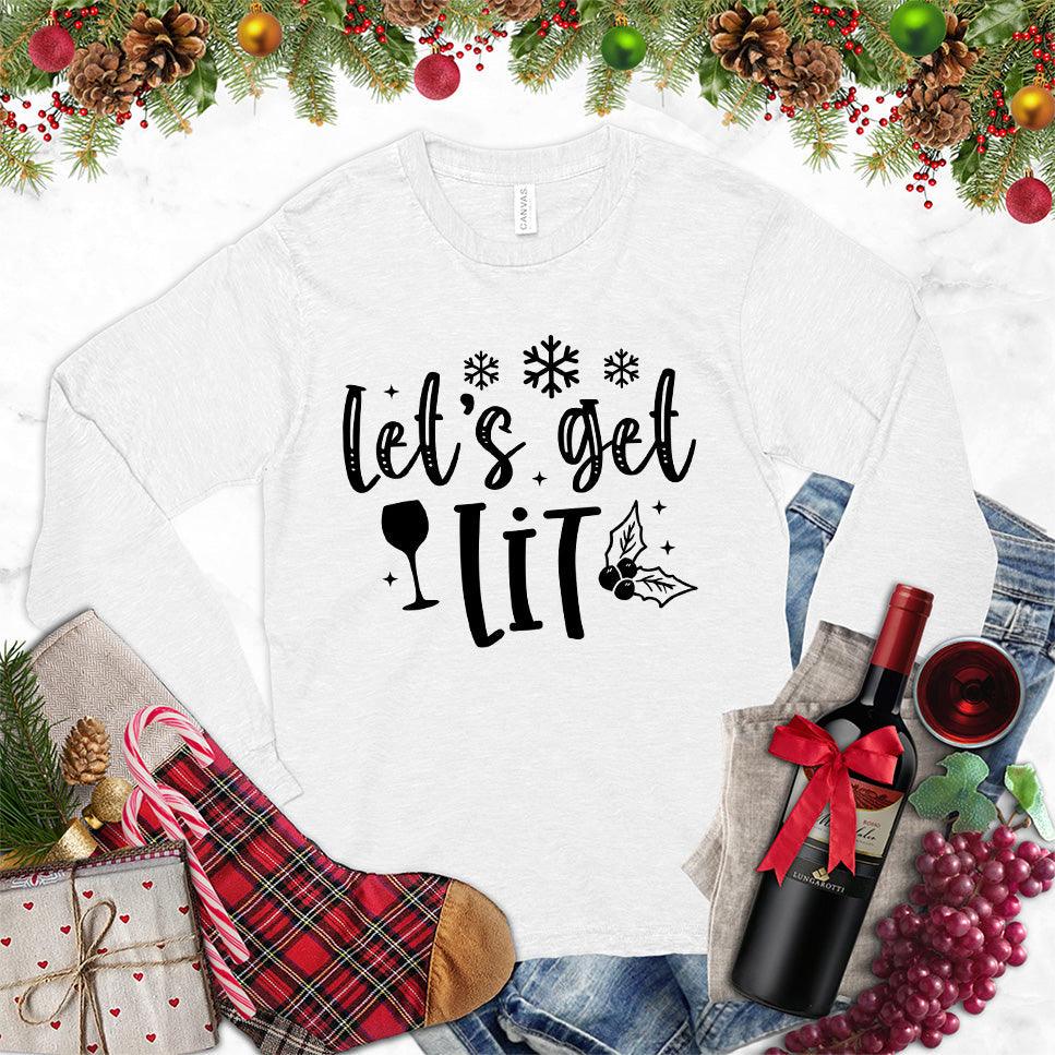 Let's Get Lit Long Sleeves White - Illustrative text and festive icon design on a fun long sleeve party shirt