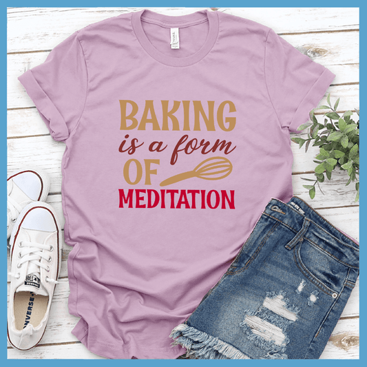 Baking Is A Form Of Meditation T-Shirt Colored Edition Lilac - Fun graphic tee with 'Baking is a Form of Meditation' design for culinary enthusiasts