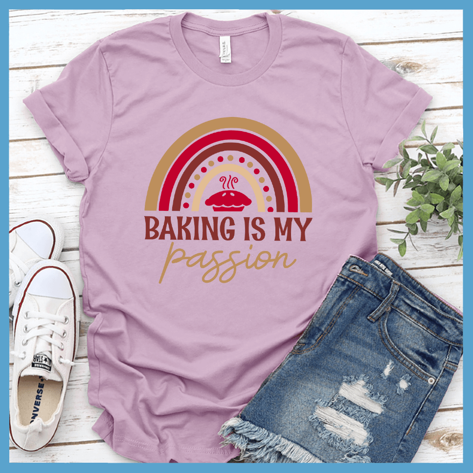 Baking Is My Passion T-Shirt Colored Edition Lilac - Graphic tee with 'Baking Is My Passion' text and colorful whisk design, perfect for culinary enthusiasts.