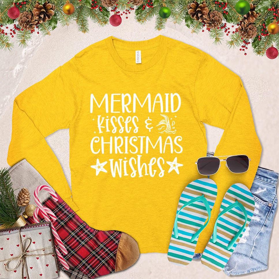 Mermaid Kisses And Christmas Wishes Long Sleeves Gold - Festive long sleeve shirt with mermaid and Christmas themed text design