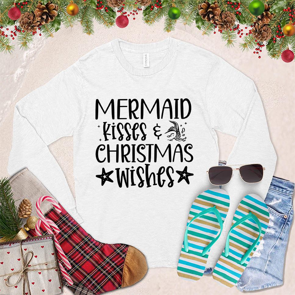 Mermaid Kisses And Christmas Wishes Long Sleeves White - Festive long sleeve shirt with mermaid and Christmas themed text design