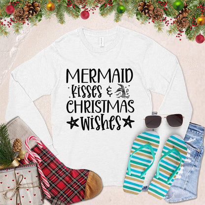 Mermaid Kisses And Christmas Wishes Long Sleeves White - Festive long sleeve shirt with mermaid and Christmas themed text design