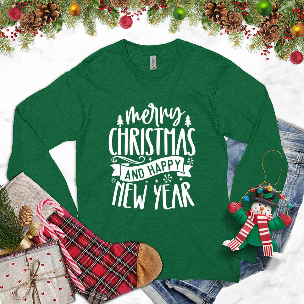 Merry Christmas And Happy New Year Long Sleeves Kelly - Festive long-sleeve shirt with Merry Christmas and Happy New Year design