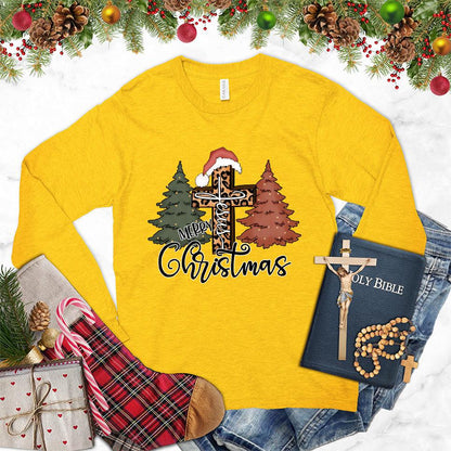 Merry Christmas Jesus Colored Edition Long Sleeves Gold - Festive long sleeve shirt with Merry Christmas and Jesus illustration - holiday spirit wear