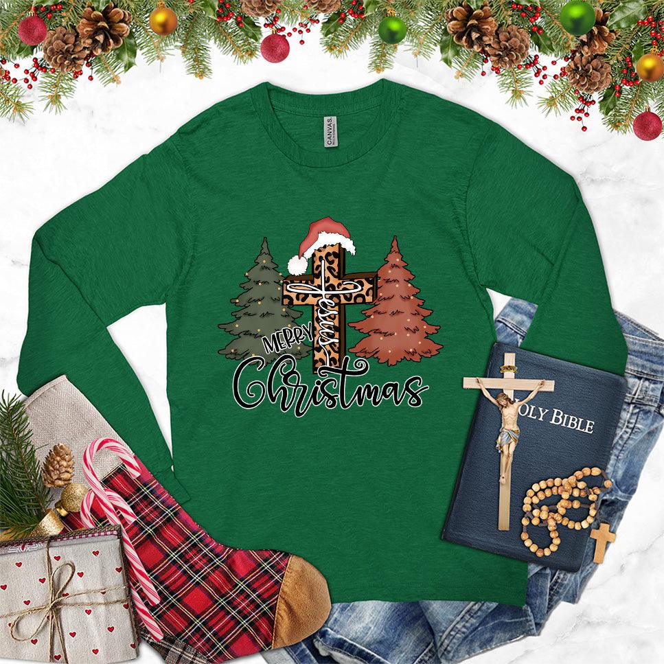 Merry Christmas Jesus Colored Edition Long Sleeves Kelly - Festive long sleeve shirt with Merry Christmas and Jesus illustration - holiday spirit wear