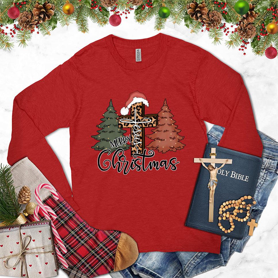 Merry Christmas Jesus Colored Edition Long Sleeves Red - Festive long sleeve shirt with Merry Christmas and Jesus illustration - holiday spirit wear