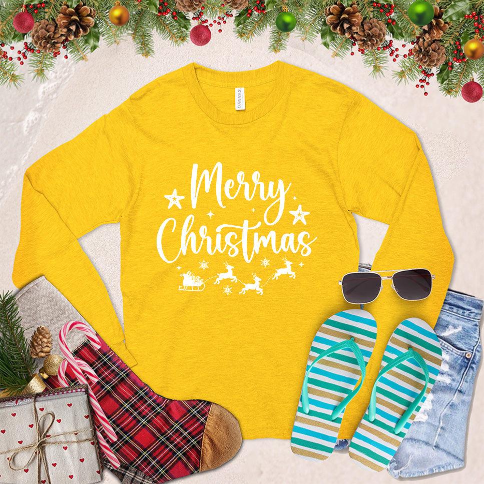 Merry Christmas Version 2 Long Sleeves Gold - Graphic long sleeve shirt with Merry Christmas design, ideal for holiday wear.