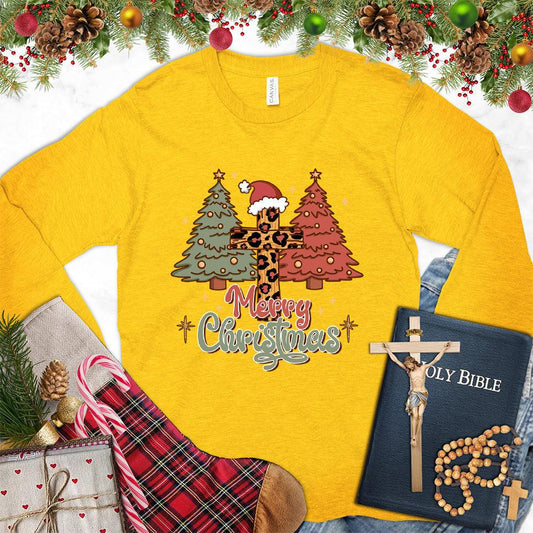 Merry Christmas Version 7 Colored Edition Long Sleeves Gold - Festive Christmas tree and Santa design on long sleeve shirt for holiday season