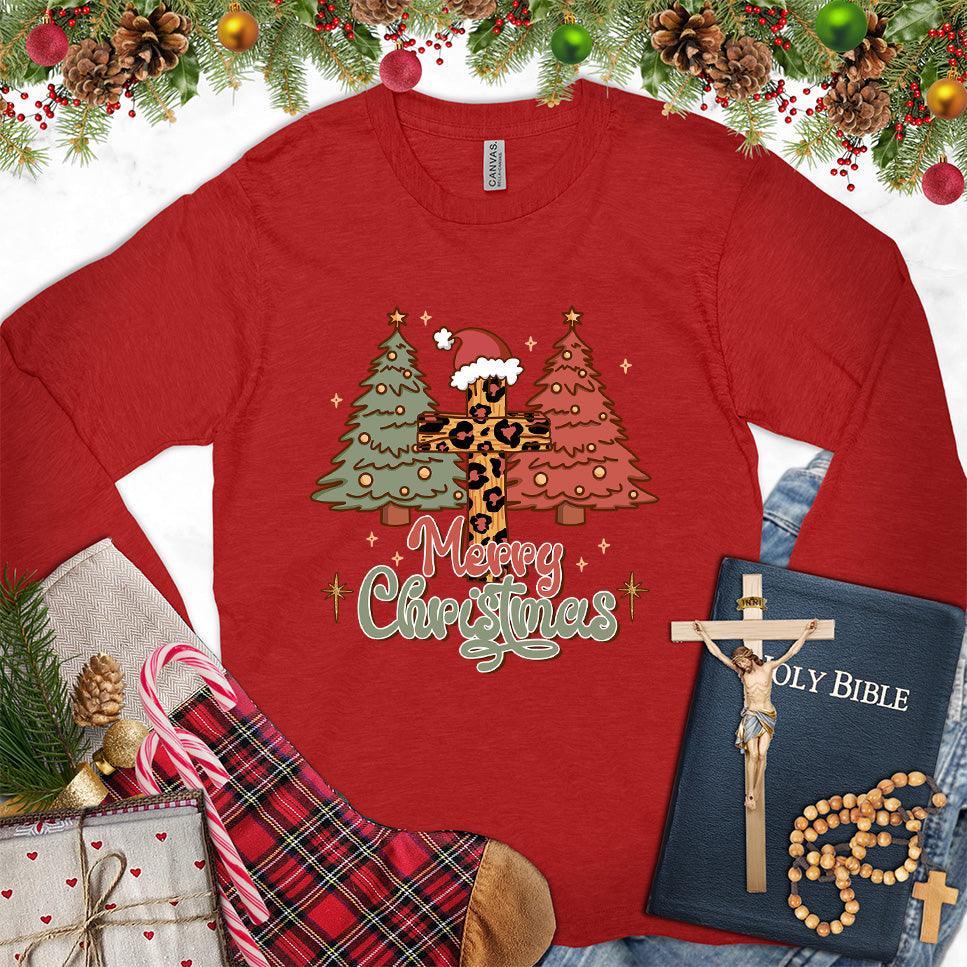 Merry Christmas Version 7 Colored Edition Long Sleeves Red - Festive Christmas tree and Santa design on long sleeve shirt for holiday season