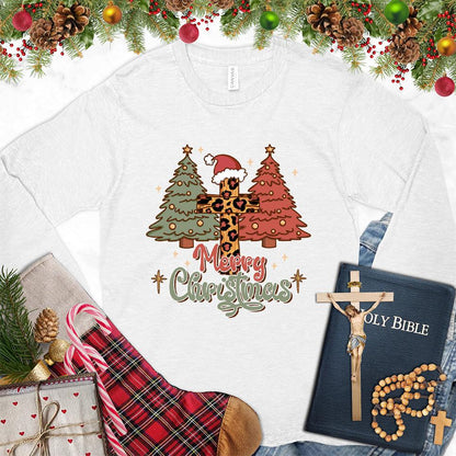 Merry Christmas Version 7 Colored Edition Long Sleeves White - Festive Christmas tree and Santa design on long sleeve shirt for holiday season