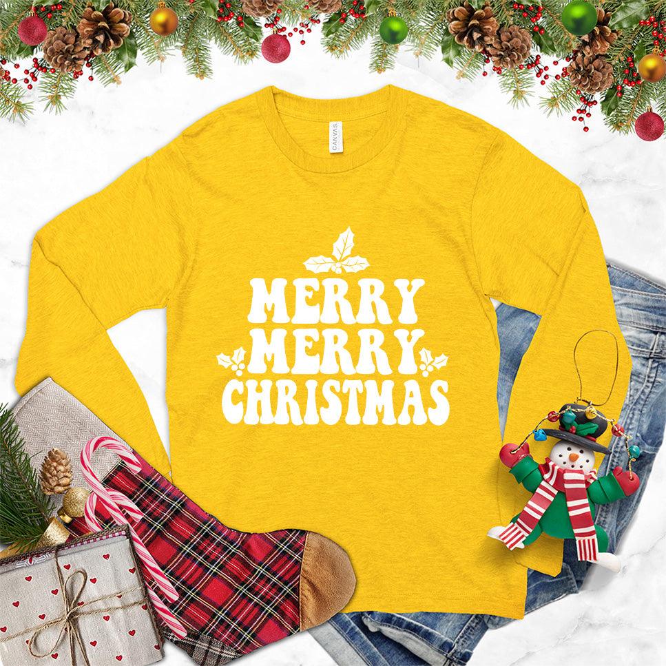 Merry Merry Christmas Version 2 Long Sleeves Gold - Festive long sleeve tee with "MERRY MERRY CHRISTMAS" text, perfect for holiday celebrations.