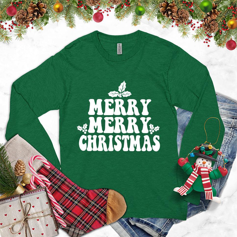 Merry Merry Christmas Version 2 Long Sleeves Kelly - Festive long sleeve tee with "MERRY MERRY CHRISTMAS" text, perfect for holiday celebrations.