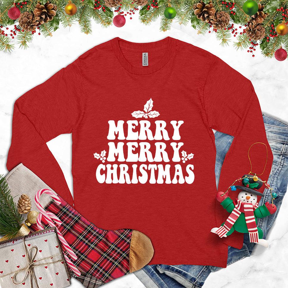 Merry Merry Christmas Version 2 Long Sleeves Red - Festive long sleeve tee with "MERRY MERRY CHRISTMAS" text, perfect for holiday celebrations.