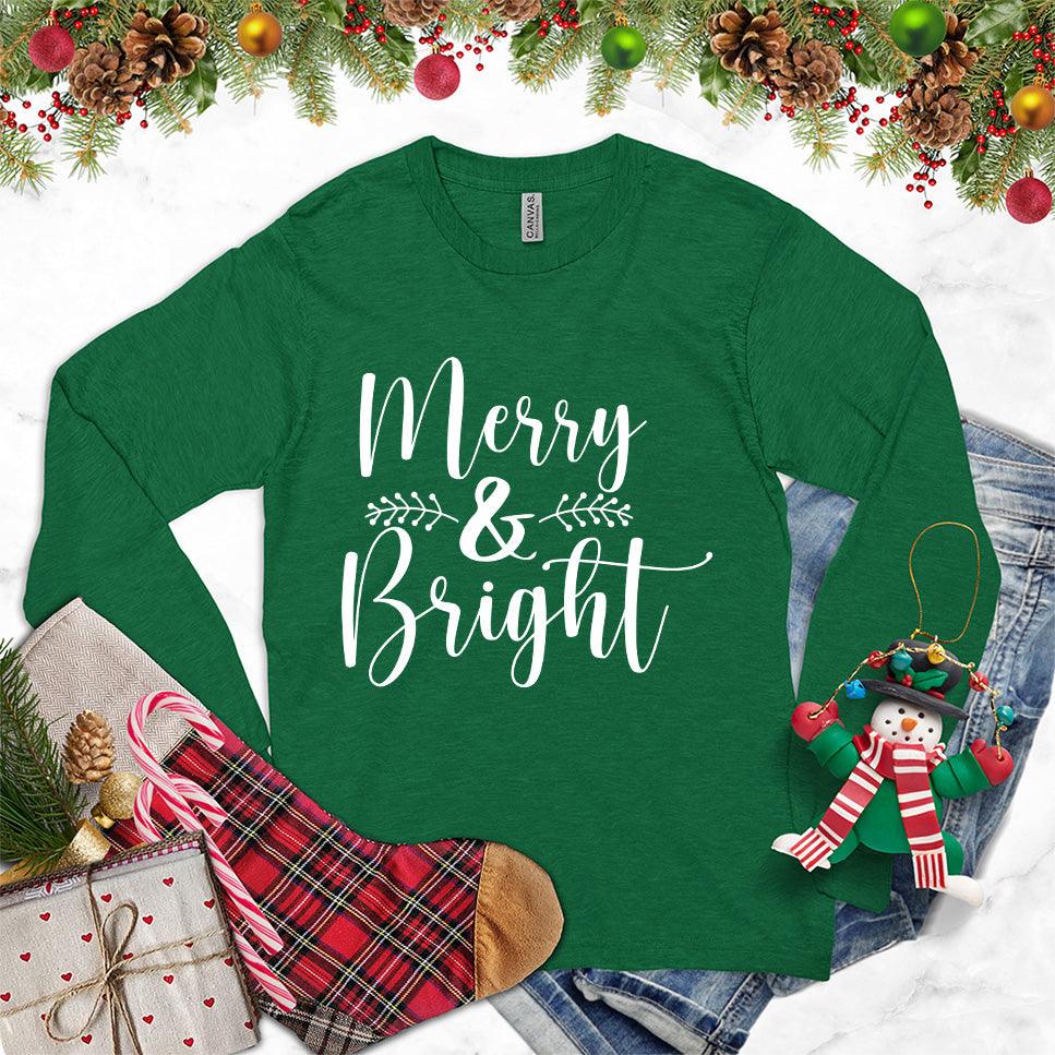 Merry & Bright Long Sleeves Kelly - Festive long-sleeve shirt with 'Merry & Bright' text and holiday ornament design
