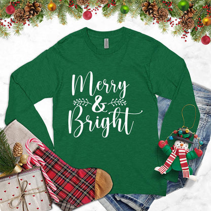 Merry & Bright Long Sleeves Kelly - Festive long-sleeve shirt with 'Merry & Bright' text and holiday ornament design