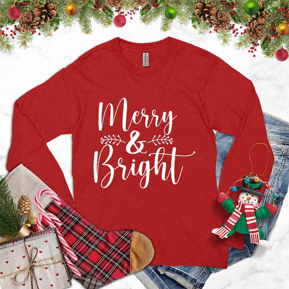 Merry & Bright Long Sleeves Red - Festive long-sleeve shirt with 'Merry & Bright' text and holiday ornament design