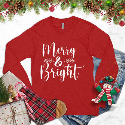 Merry & Bright Long Sleeves Red - Festive long-sleeve shirt with 'Merry & Bright' text and holiday ornament design