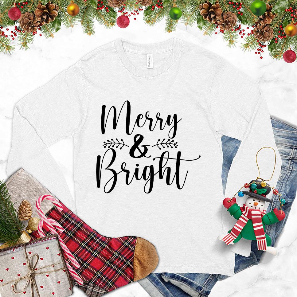 Merry & Bright Long Sleeves White - Festive long-sleeve shirt with 'Merry & Bright' text and holiday ornament design
