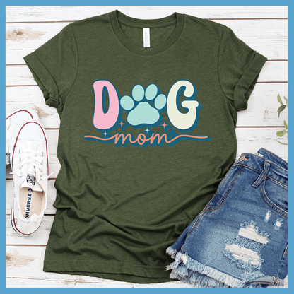 Dog Mom Colored Print T-Shirt Military Green - Chic 'Dog Mom' graphic t-shirt with paw design, perfect for canine lovers