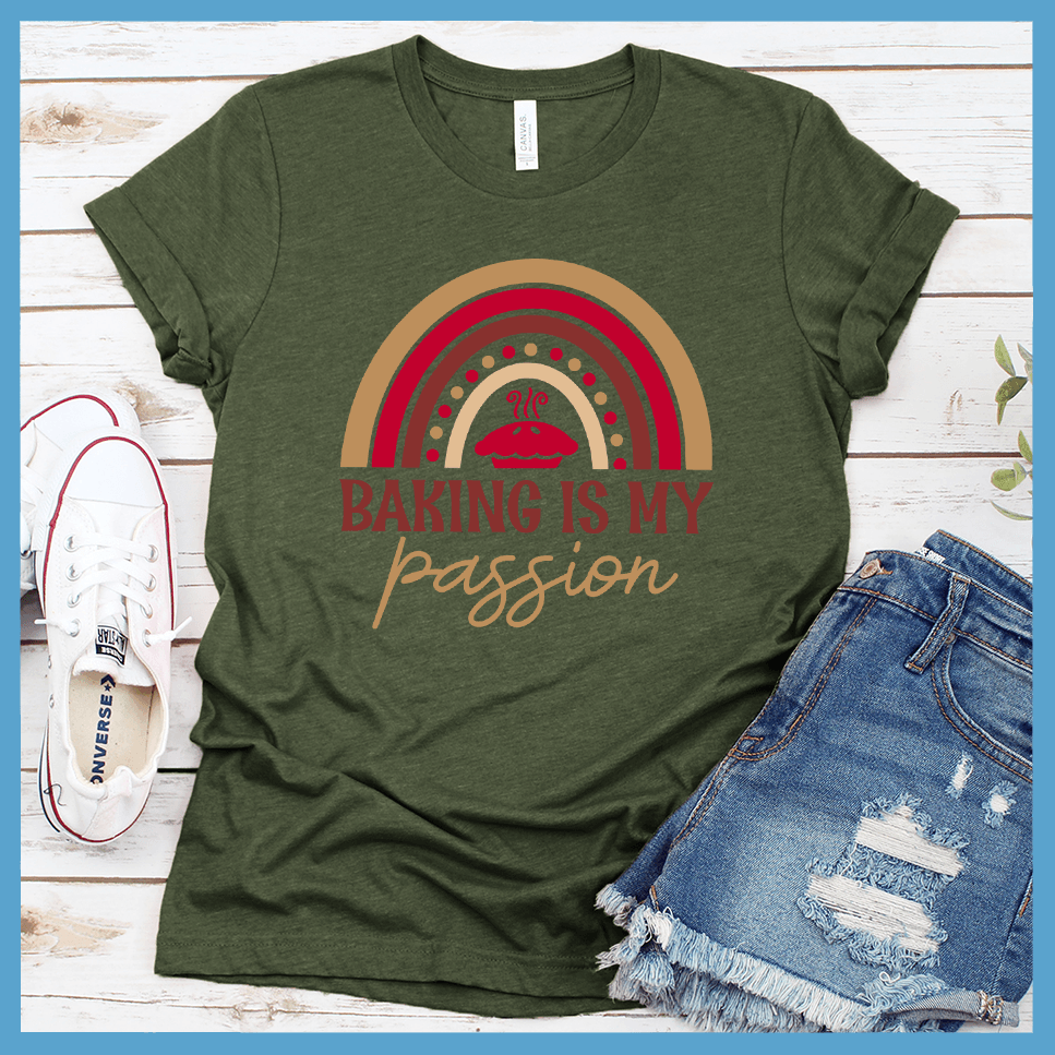 Baking Is My Passion T-Shirt Colored Edition Military Green - Graphic tee with 'Baking Is My Passion' text and colorful whisk design, perfect for culinary enthusiasts.