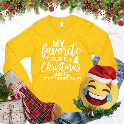 My Favorite Color Is Christmas Lights Version 2 Long Sleeves Gold - Illustrative Christmas lights and text on a festive long-sleeve tee