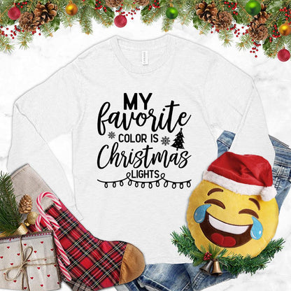 My Favorite Color Is Christmas Lights Version 2 Long Sleeves White - Illustrative Christmas lights and text on a festive long-sleeve tee