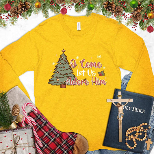 O Come Let Us Adore Him Colored Edition Long Sleeves Gold - Artistic Christmas tree design on long sleeve shirt with "O Come Let Us Adore Him" message