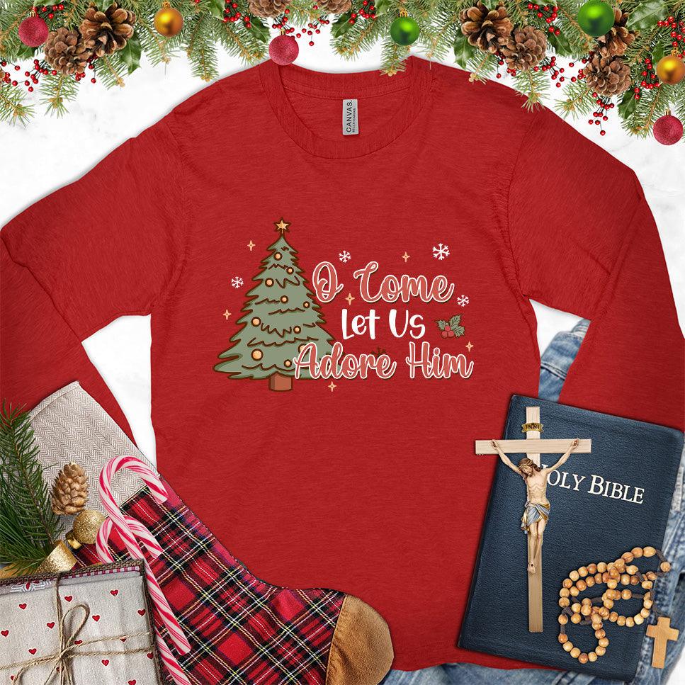 O Come Let Us Adore Him Colored Edition Long Sleeves Red - Artistic Christmas tree design on long sleeve shirt with "O Come Let Us Adore Him" message