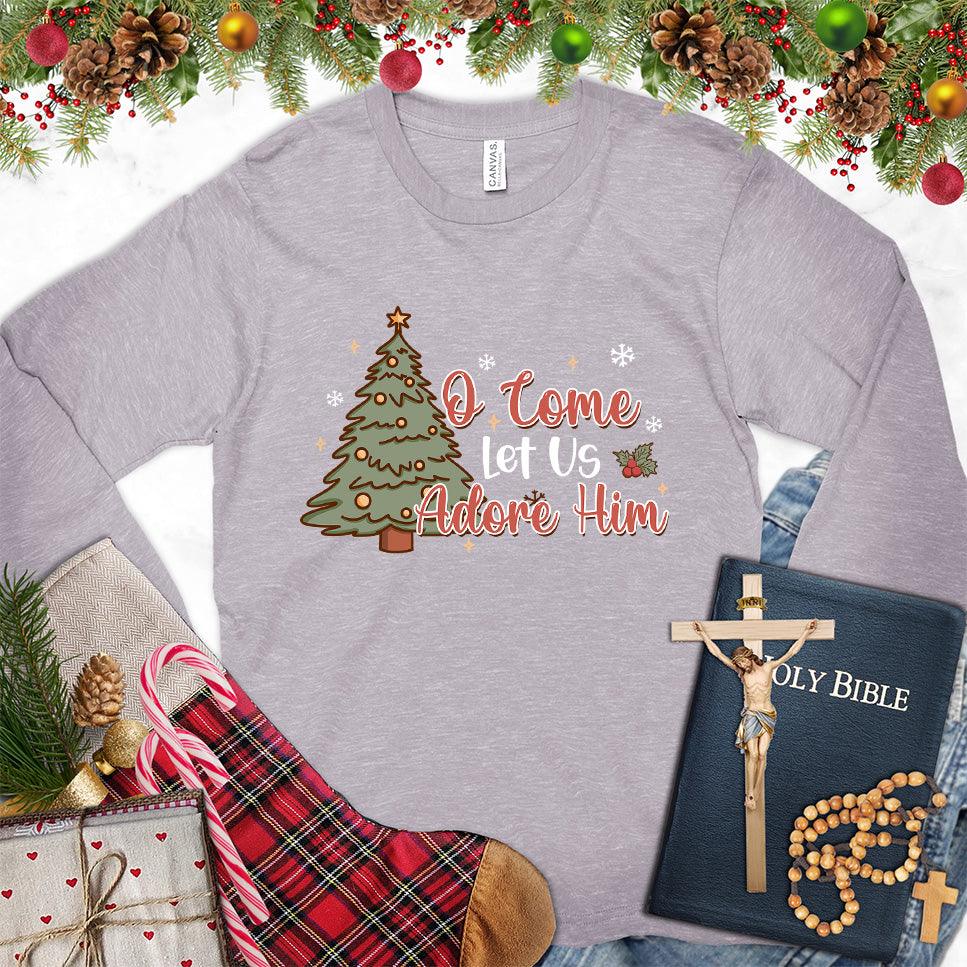 O Come Let Us Adore Him Colored Edition Long Sleeves Storm - Artistic Christmas tree design on long sleeve shirt with "O Come Let Us Adore Him" message