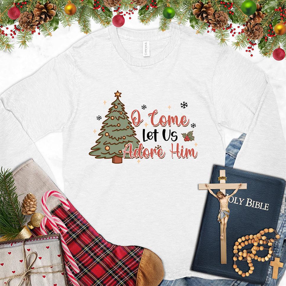 O Come Let Us Adore Him Colored Edition Long Sleeves White - Artistic Christmas tree design on long sleeve shirt with "O Come Let Us Adore Him" message