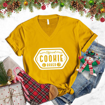 Official Cookie Baker V-Neck Mustard - Official Cookie Baker themed V-neck T-shirt with playful typography design