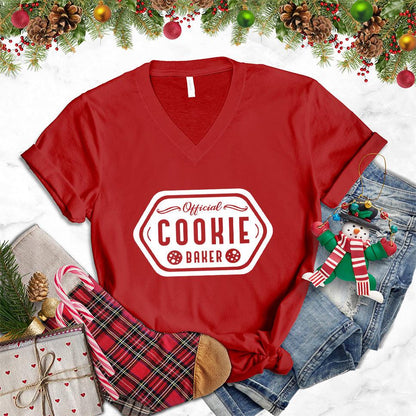 Official Cookie Baker V-Neck Red - Official Cookie Baker themed V-neck T-shirt with playful typography design